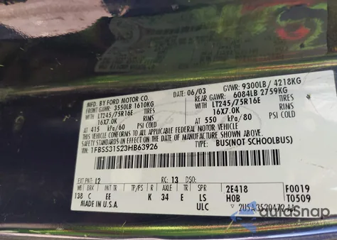 2003 Ford E-350 Super Duty Xl/Xlt z USA, uszkodzony, nr VIN 1FBSS31S23HB63926